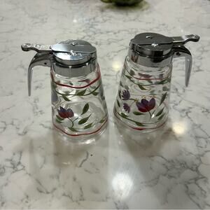 Set of 2 Vintage Glassware Metal Lid Hand Painted Syrup Pourers Dispensers